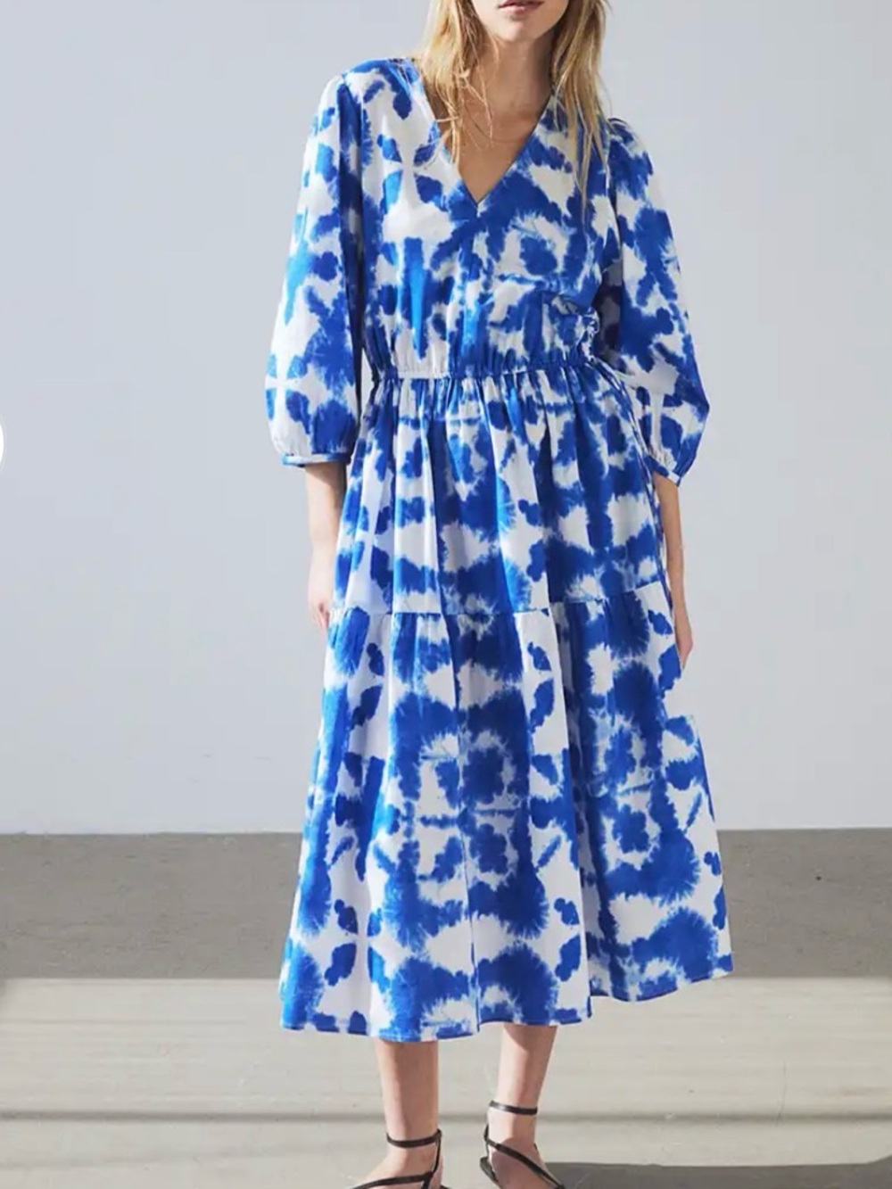 H&M Cotton Blue and White Long Sleeve Drawstring- Waist Dress